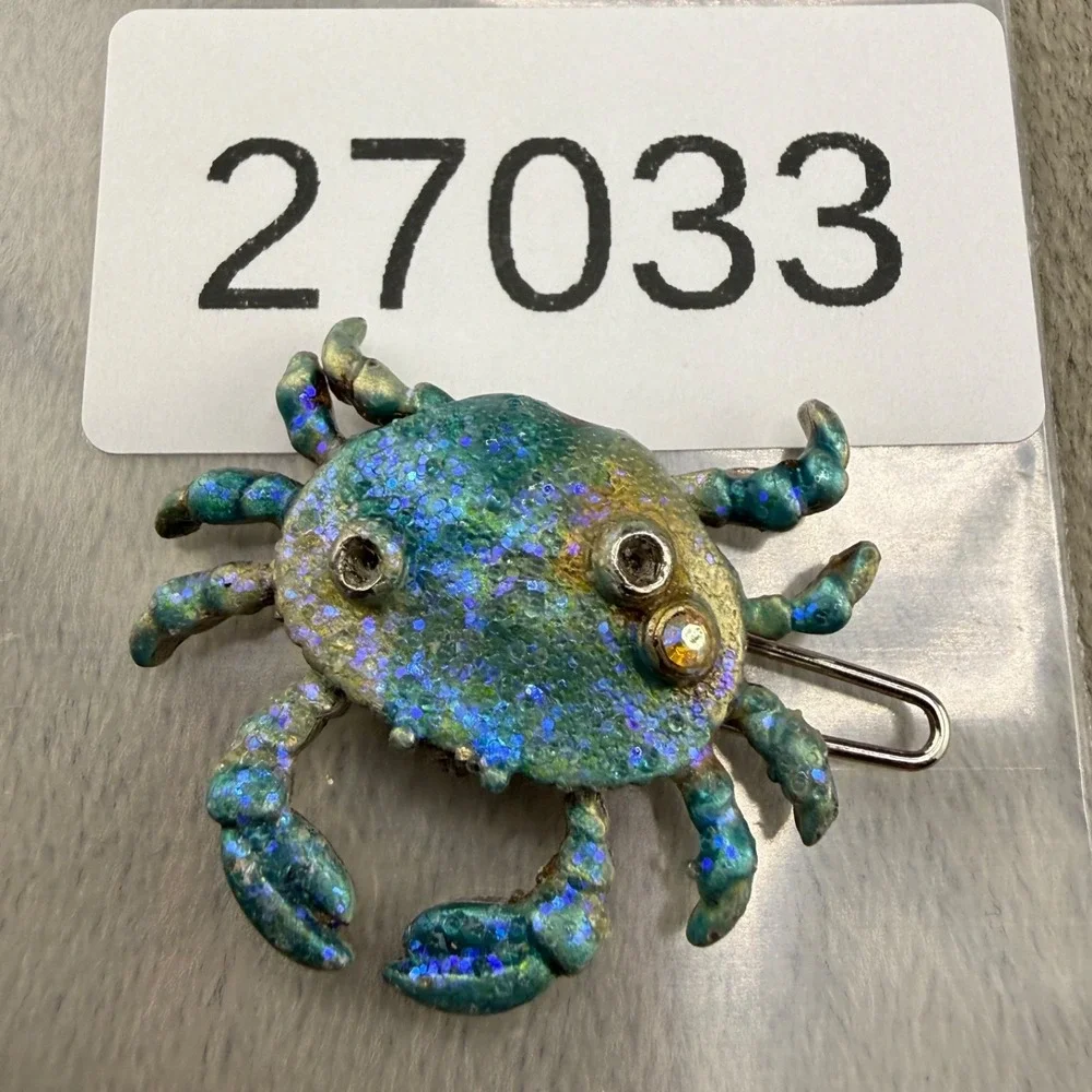 Vintage Yosca Crab Hair Clip Blue Enamel Rhinestone Animal Silver Tone
